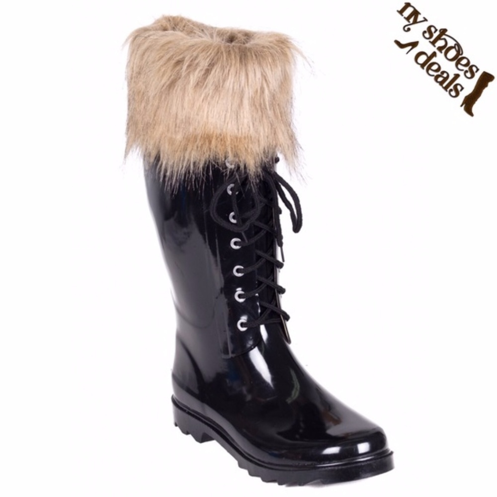 Women Faux Fur Cuff & Laces Black Rubber Rainboots